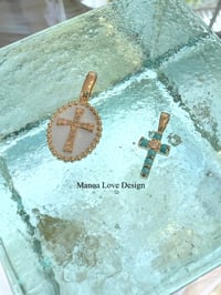 Image 1 of 14k Diamond & Turquoise cross pendant 