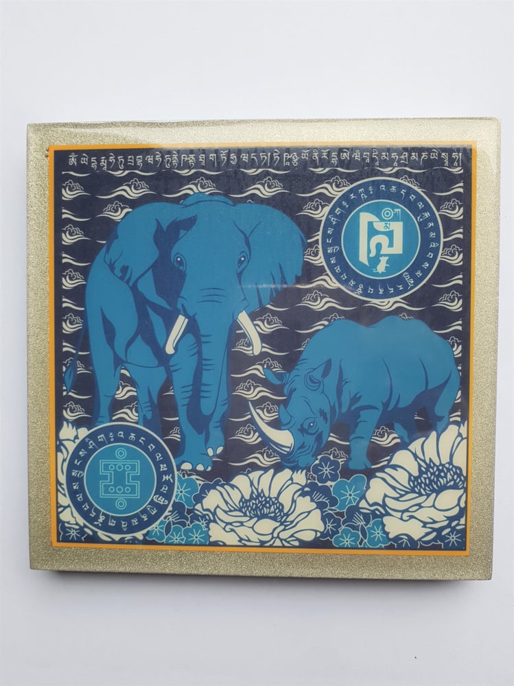 Image of Silver and Blue Elephant and Rhinoceros Plaque