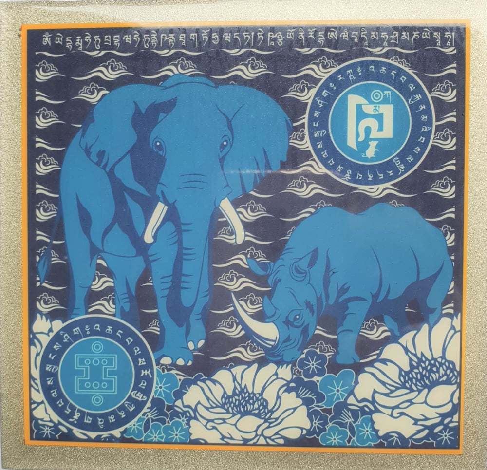 Image of Silver and Blue Elephant and Rhinoceros Plaque