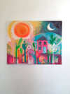 Hazy summer day & a crescent moon. Original canvas painting