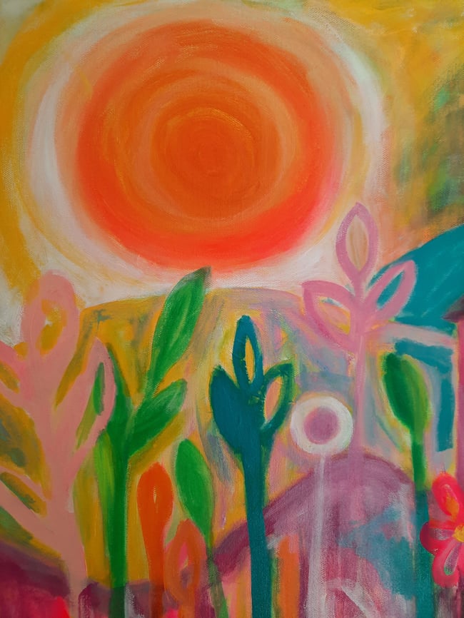 Hazy summer day & a crescent moon. Original canvas painting