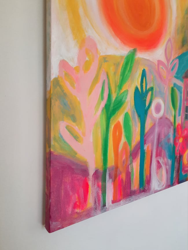 Hazy summer day & a crescent moon. Original canvas painting