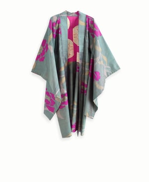 Image of Kort kimono i mosgrøn med blomster - vendbar