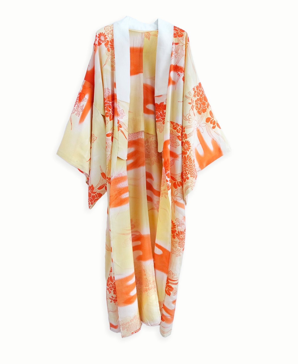 Image of Silke kimono i gule og orange farver med iris