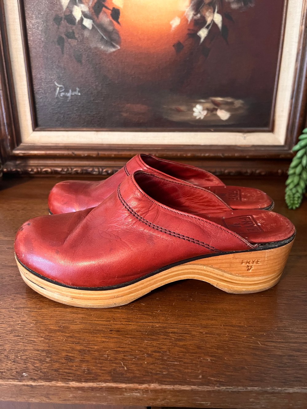 Frye Red Leather/Wood Clogs (7)