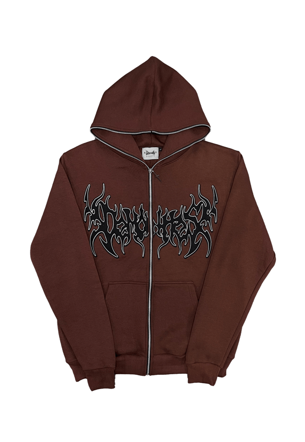 Image of SORROW NIGHTS EMBROIDERED BROWN FULL ZIP UP