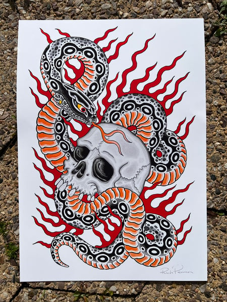 Image of Snake and skull. Print by Rich Pearson 