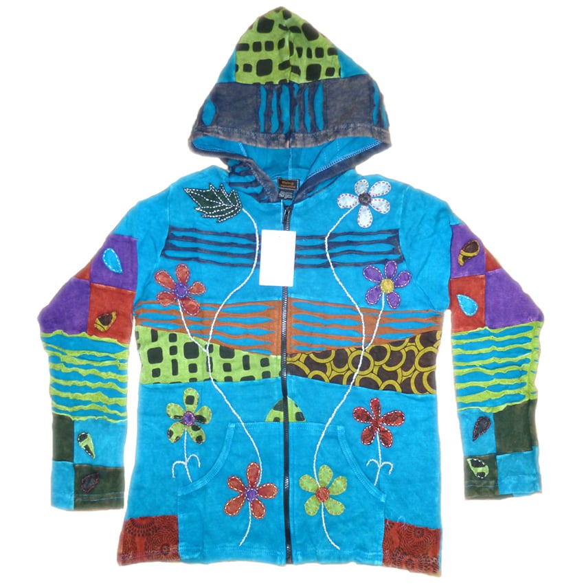 Image of TURQUOISE AND FLOWERS ZIP UP BOHO HOODIE