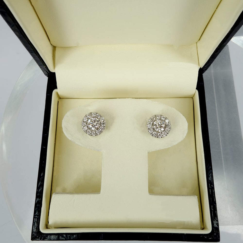Image of 18ct white gold diamond cluster earrings set with 2 main diamonds = .75ct GVS2 total weight. PJ6002