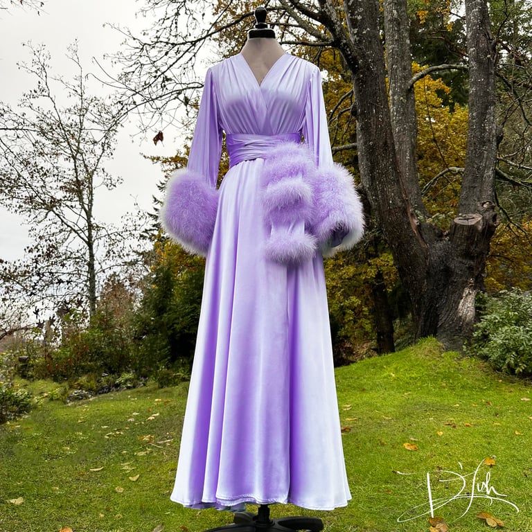 Pale Lilac Marabou-cuffed "Beverly" Dressing Gown