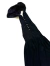 early 1970s lowest back hooded plunging black dress