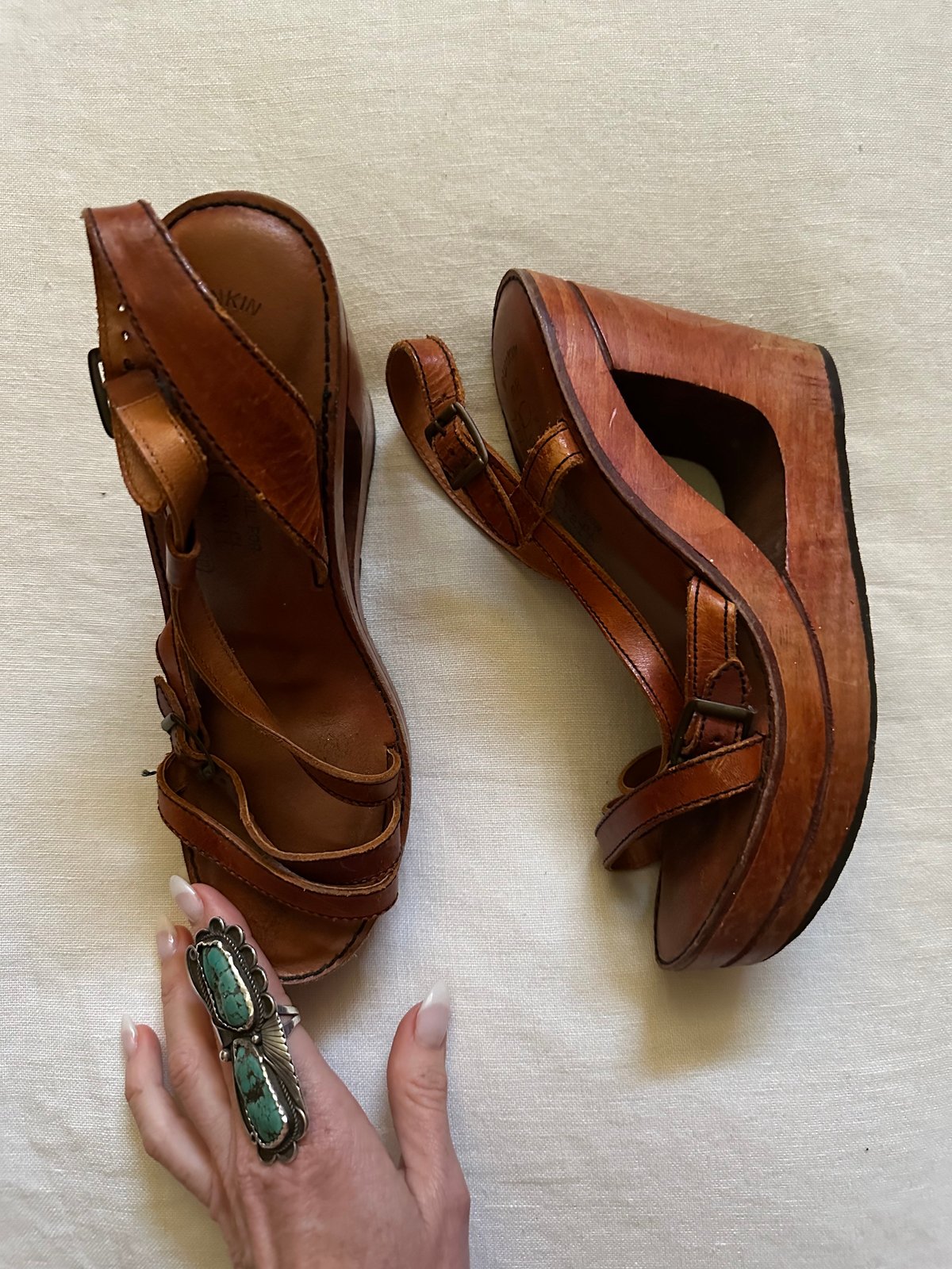 Vintage Women's Shoes Stacked Wooden Heels Platform Tan 5 1/2 B Sandals 70's  | eBay