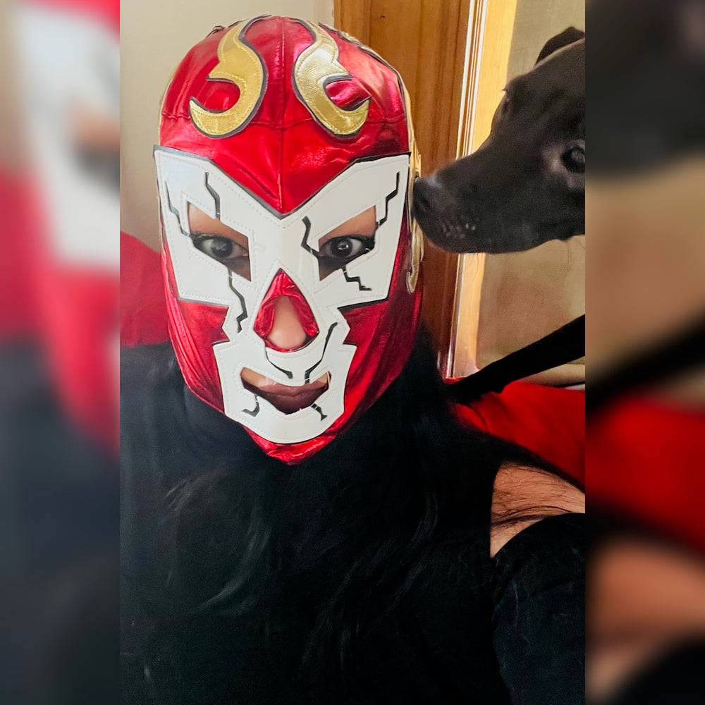 Worn Red, White & Gold Lucha Style Mask + Free Signed 8X10