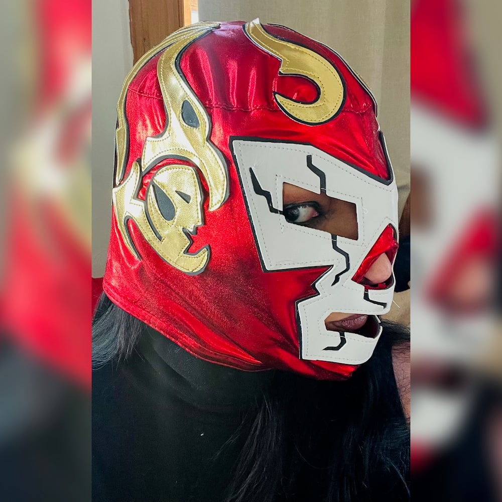 Worn Red, White & Gold Lucha Style Mask + Free Signed 8X10