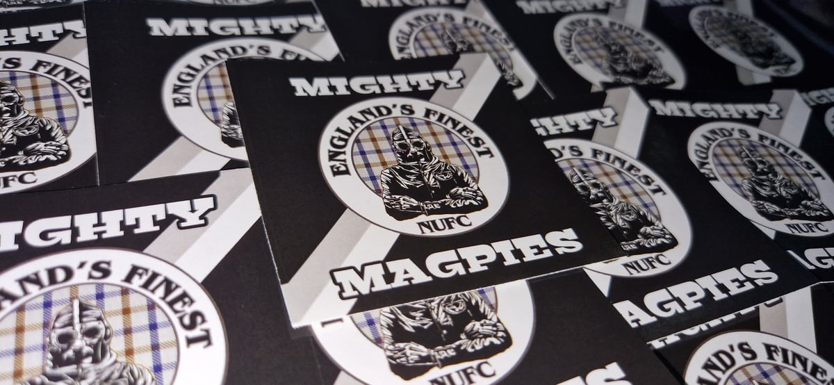 Pack of 25 7x7cm Newcastle. Mighty Magpies Football/Ultras Stickers.