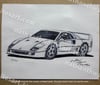 1992 Ferrari F40 Original Pen Drawing 8.5X11 Inches With Black Frame Free Ship