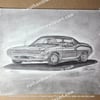 1970 Plymouth Barracuda Pencil Drawing 8.5X11 Inches With Black Frame Free Ship
