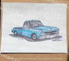 Original Blue 1967 Chevy C10 Side Step Truck Painting 8.5X11 Inches With Black Frame & Free Ship