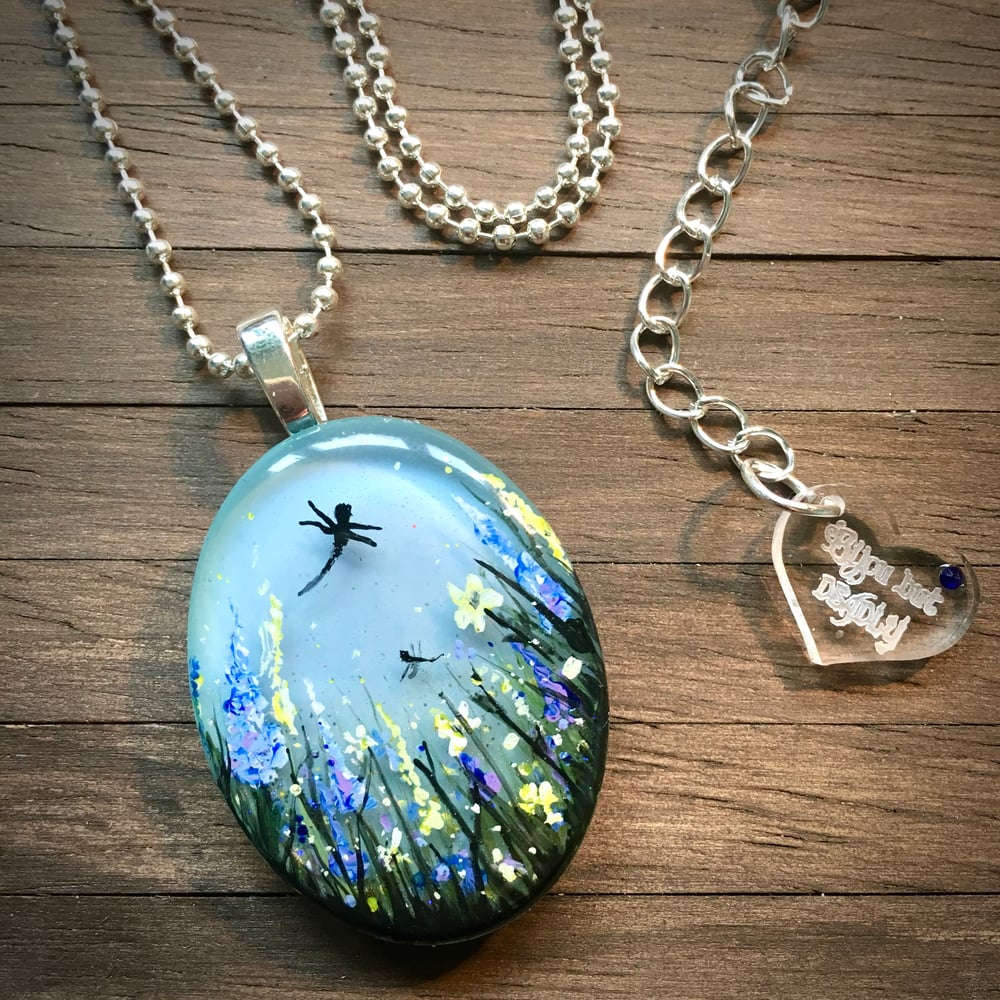 Summer Meadow with Delphiniums Hand Painted Resin Pendant