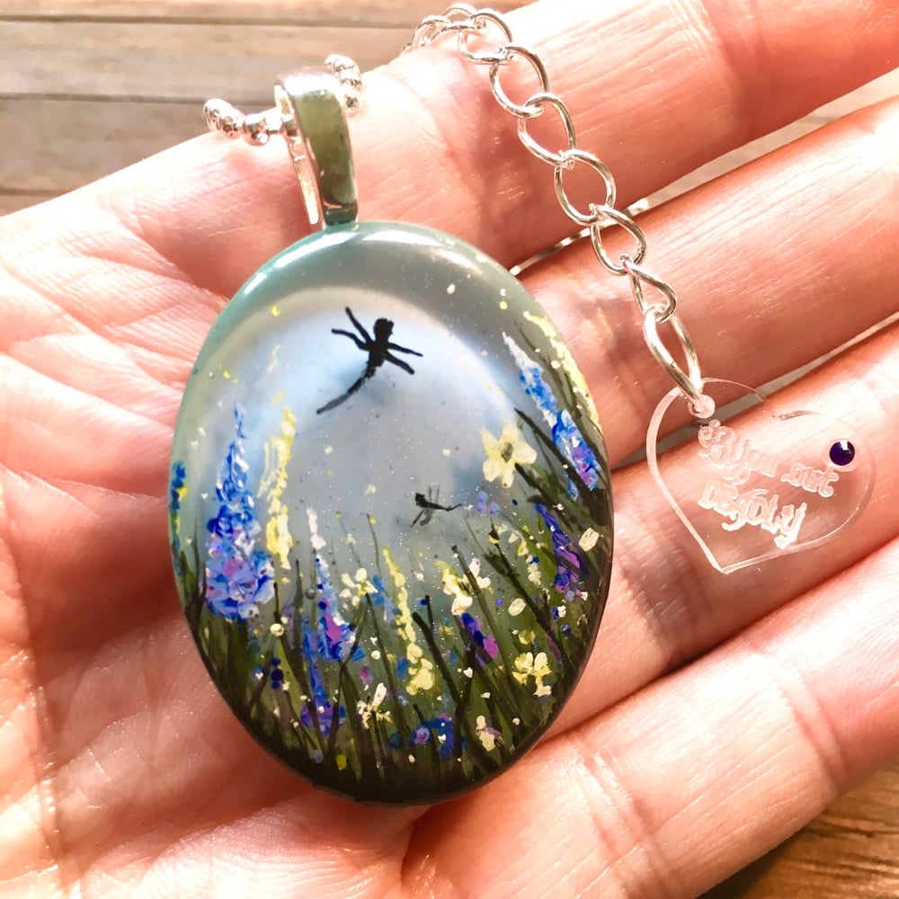 Summer Meadow with Delphiniums Hand Painted Resin Pendant