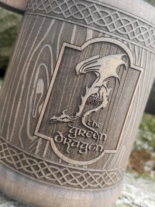 Image of Personalized wooden beer mug, Green Dragon tankard, Groomsman gift, green flagon beer mug