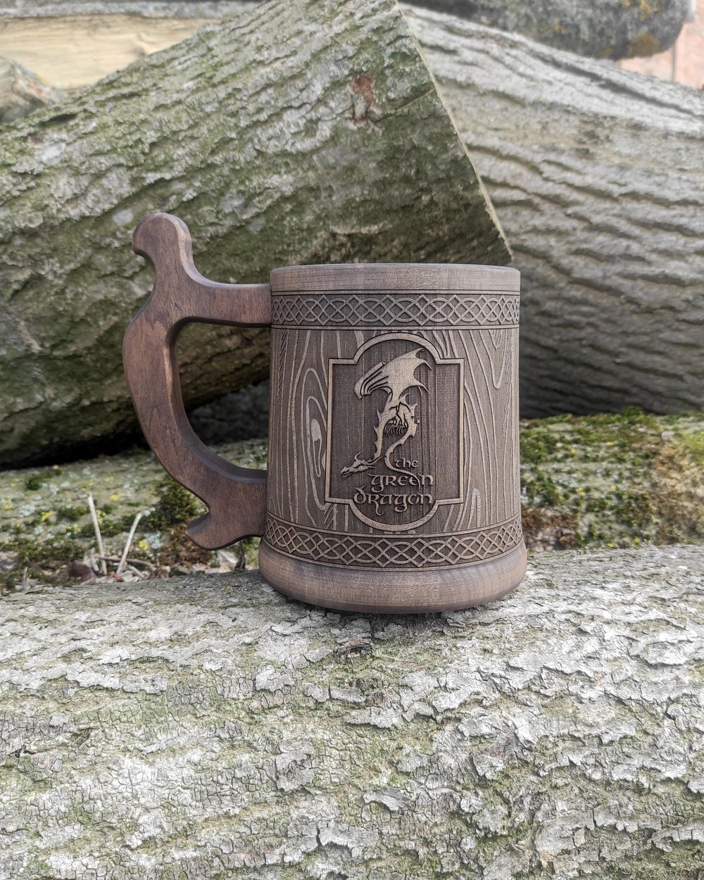 Image of Personalized wooden beer mug, Green Dragon tankard, Groomsman gift, green flagon beer mug