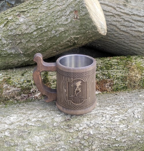 Image of Personalized wooden beer mug, Green Dragon tankard, Groomsman gift, green flagon beer mug