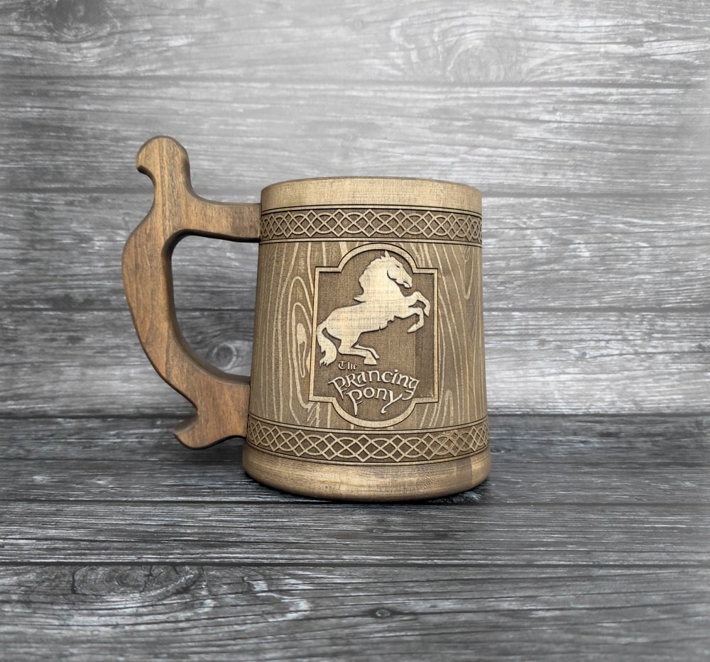 Image of Personalized wooden beer mug, Prancing Pony, Groomsman gift, Personalized beer tankard