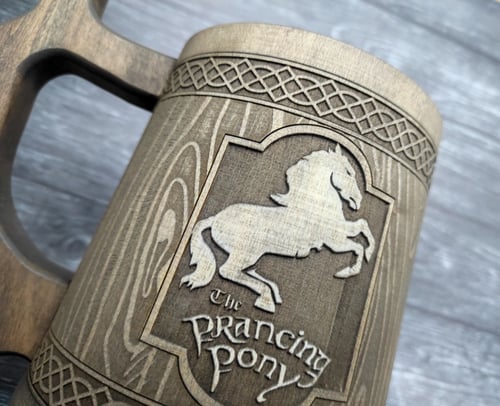 Image of Personalized wooden beer mug, Prancing Pony, Groomsman gift, Personalized beer tankard