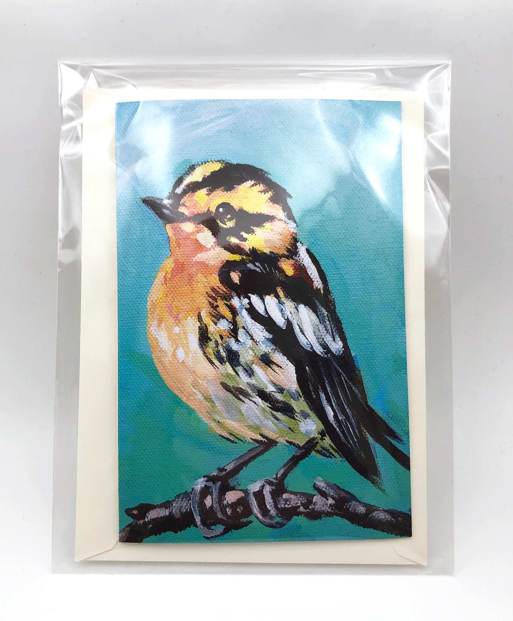 Notecard of View From the Treetops - a blackburnian warbler card