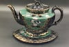 Victorian Jackfield Black Gold Gilt Green Floral Teapot With Trivet
