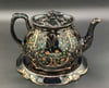 Victorian Black Gold Gilt Green Floral Teapot With Matching Trivet {Jackfield}