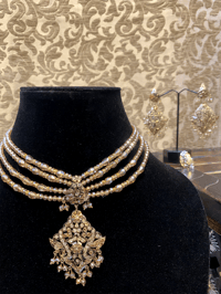 Image 3 of Whispers of Crystal and Beads: A Hyderabadi Jewelry Set in Off-White and Peach