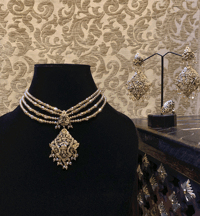 Image 5 of Whispers of Crystal and Beads: A Hyderabadi Jewelry Set in Off-White and Peach