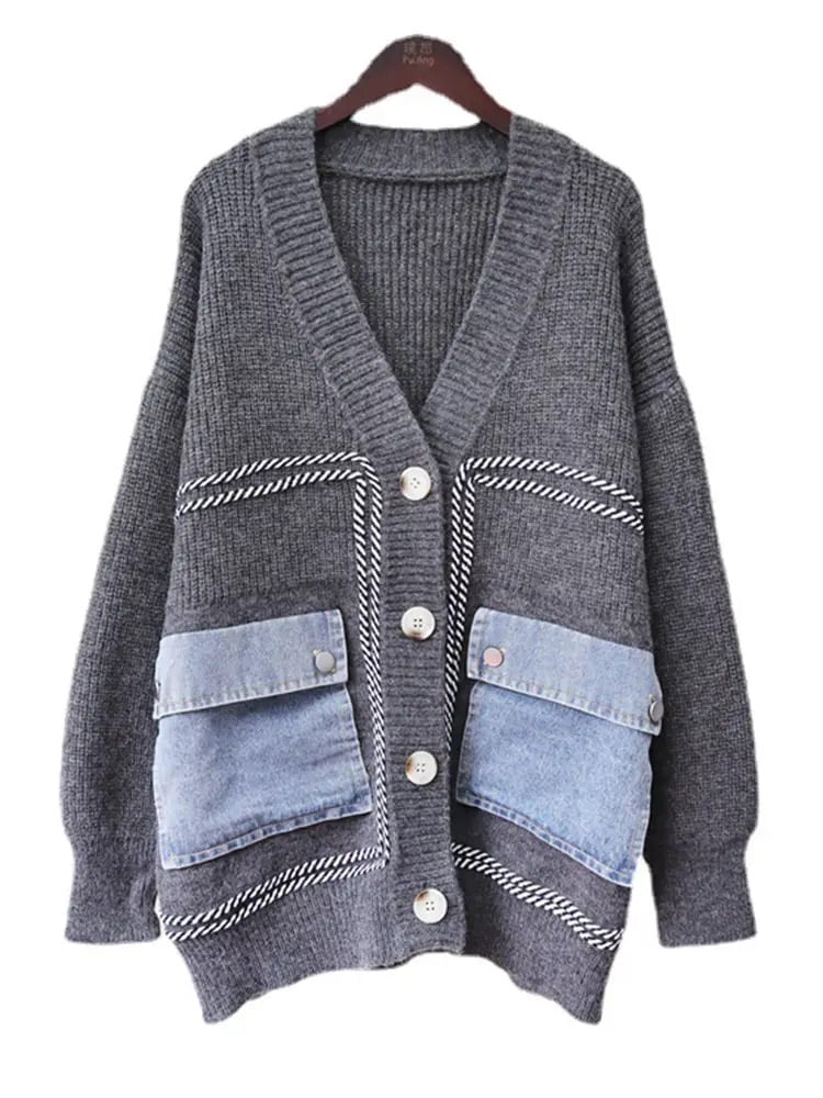 Image of Denim Patchwork Knitted Cardigan 