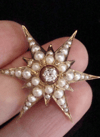 Victorian 9ct yellow gold seed pearl diamond celestial star starburst pendant