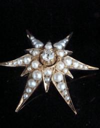 Image 1 of Victorian 9ct yellow gold seed pearl diamond celestial star starburst pendant