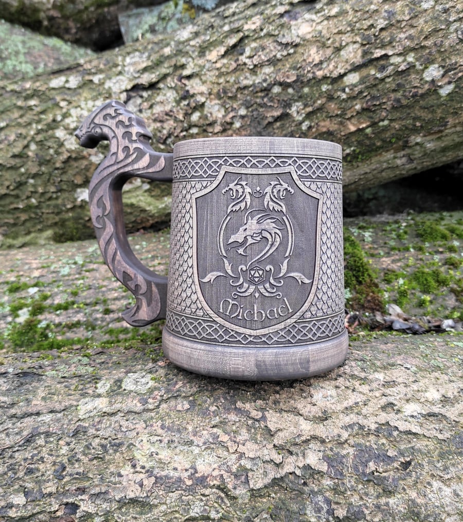 Image of Personalized dice & Dragon wooden beer mug, gift for him, Father gift, Groomsmen gift