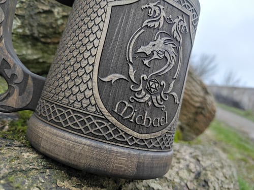 Image of Personalized dice & Dragon wooden beer mug, gift for him, Father gift, Groomsmen gift