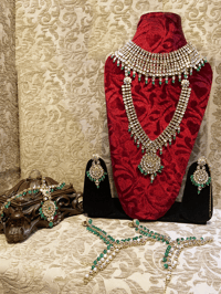 Image 1 of Green Moti Beads Kundan Bridal Set (Tika, earrings, kalirein, necklace)