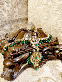 Image 3 of Green Moti Beads Kundan Bridal Set (Tika, earrings, kalirein, necklace)