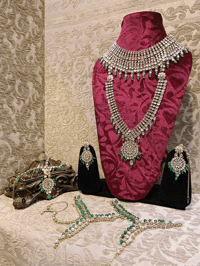 Image 5 of Green Moti Beads Kundan Bridal Set (Tika, earrings, kalirein, necklace)