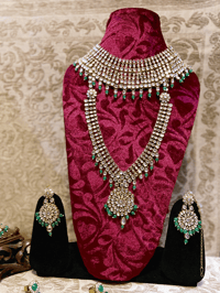 Image 2 of Green Moti Beads Kundan Bridal Set (Tika, earrings, kalirein, necklace)