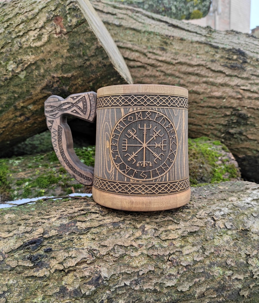 Image of Father day gift, viking wooden beer mug, vegvisir tankard, 5 anniversary gift for him, axe beer mug