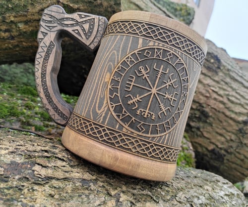 Image of Father day gift, viking wooden beer mug, vegvisir tankard, 5 anniversary gift for him, axe beer mug