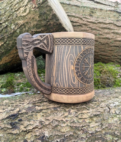 Image of Father day gift, viking wooden beer mug, vegvisir tankard, 5 anniversary gift for him, axe beer mug