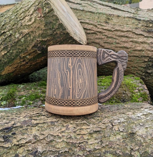 Image of Father day gift, viking wooden beer mug, vegvisir tankard, 5 anniversary gift for him, axe beer mug