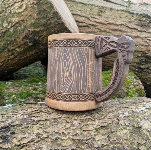Image of Father day gift, viking wooden beer mug, vegvisir tankard, 5 anniversary gift for him, axe beer mug