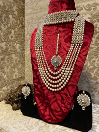 Image 4 of Romantic Radiance: White Kundan and Pearl Bridal Set - Choker Necklace, Earrings, and Tika