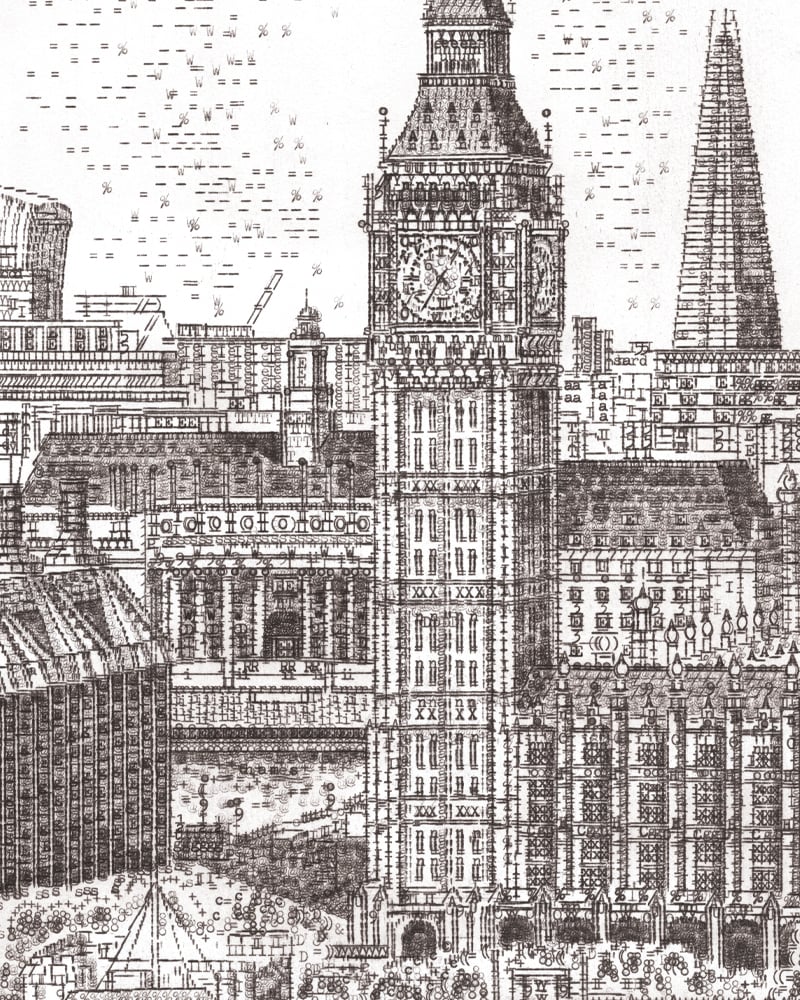 Image of Big Ben and London Eye, 45cm x 45cm, Signed Limited Edition of 200 Print Typewriter Art